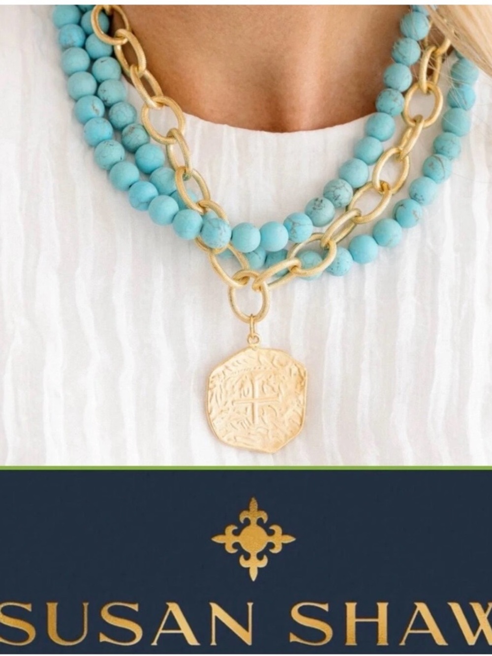 Susan Shaw Turquoise Bead Layered Necklace with Gold Medallion